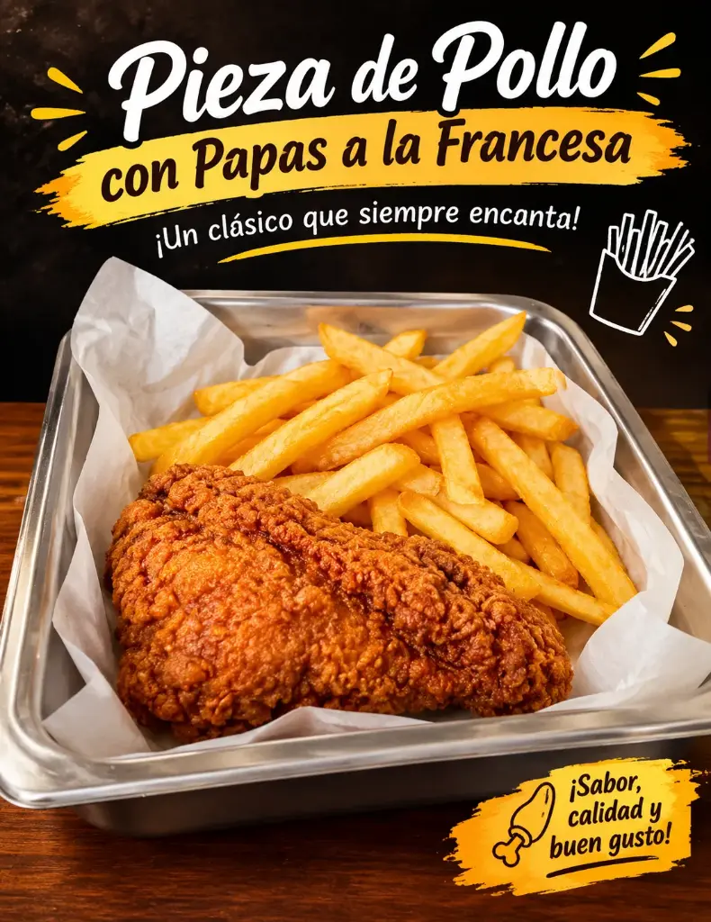 Pieza de pollo con papas a la francesa
